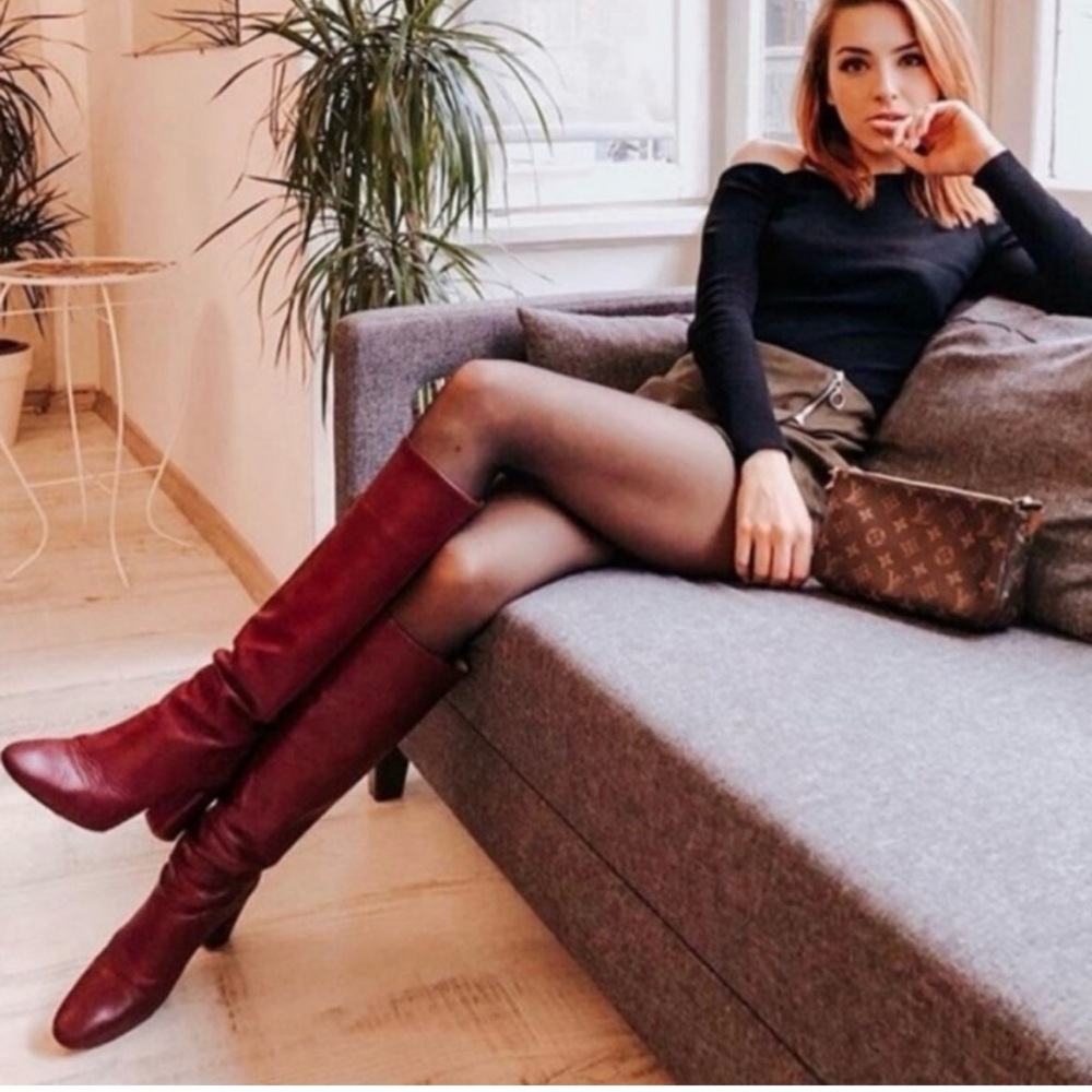 NWOT Zara Burdeos Red Burgundy Knee High Leather Boots 3.5” Heel Size 7.5 // 38